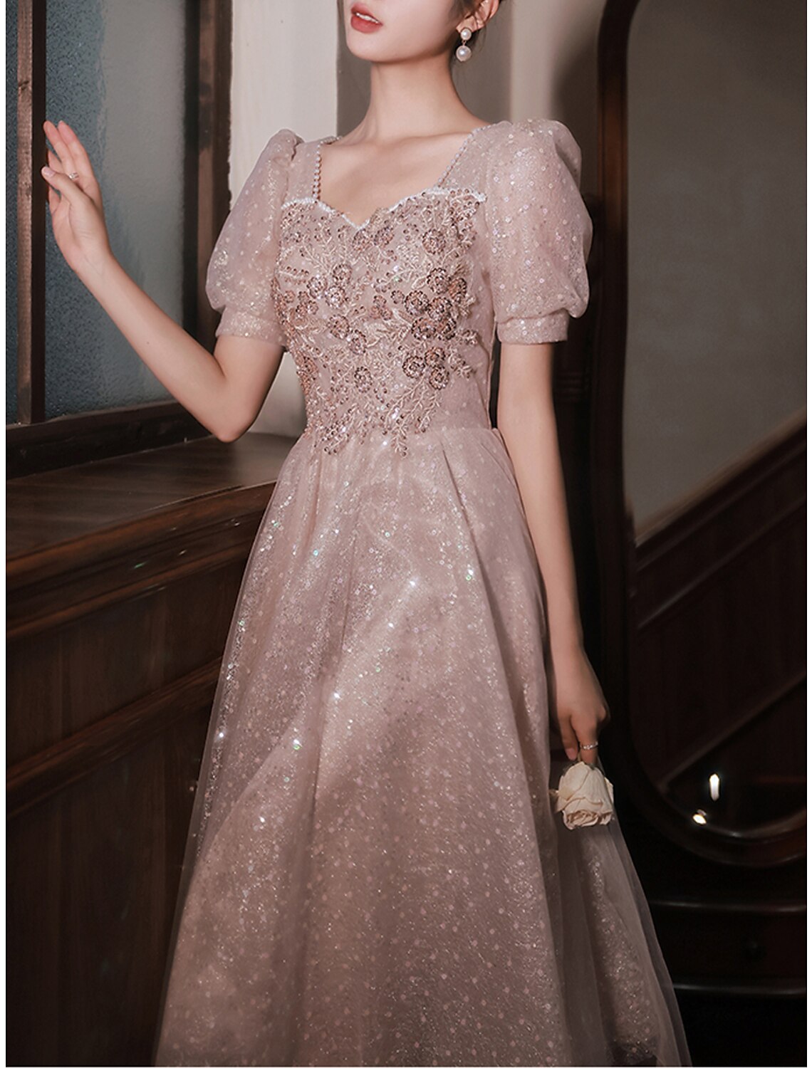 A-Line Prom Dresses Sparkle & Shine Dress Party Wear Prom Ankle Length Half Sleeve Sweetheart Satin with Pearls Appliques 2025
